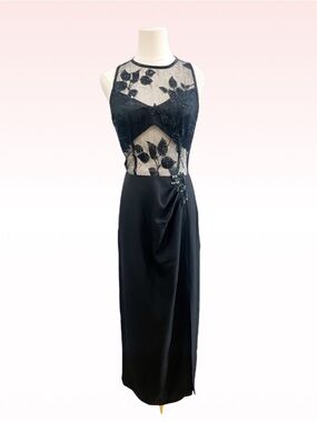 Vintage TOOTSIES Sheer Embroidered Black Satin Dress (Sz 4)